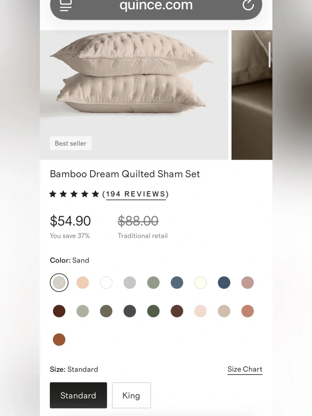 NWOT Quince Organic Bamboo Dream Quilted Sham Set, Standard (Sand)